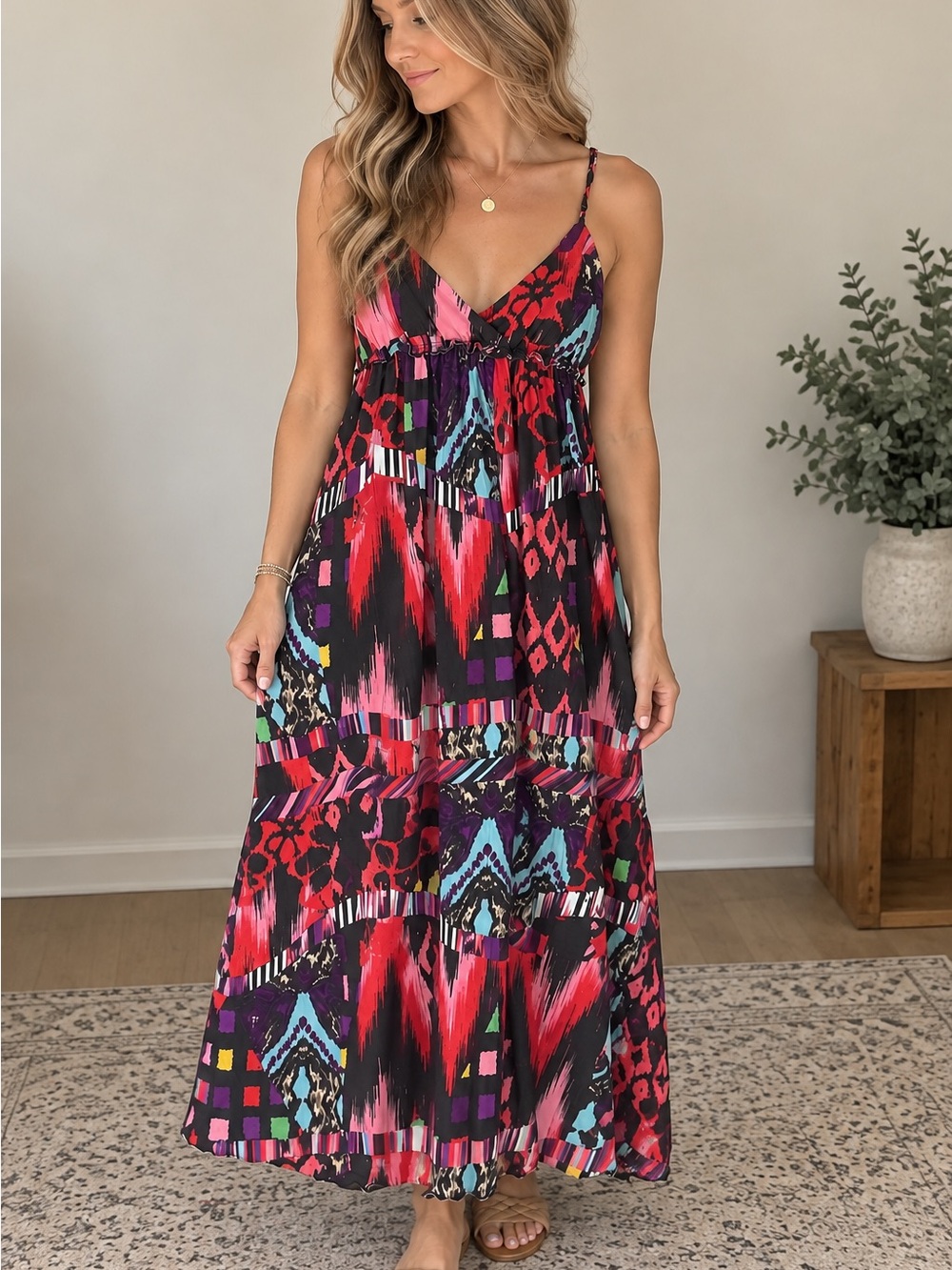Boho V-Neck Maxi Dress in Multi Floral Print XS